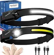 HyperDolphin Headlamp LED Rechargeable [Pack of 2] Head Torch with Wide Beam Headlamp Rechargeable 230 Degrees USB C 350 Lumen 5 Modes Motion Sensor Waterproof Fishing Jogging Cycling