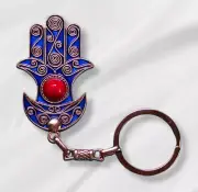 Elegant Moroccan Blue Hamsa Keychain with Red Gemstone Hand of Fatima Charm
