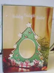 Holiday Christmas TREE Tea Light Holder Green Cast METAL Frosted Window 6" NEW
