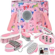 Harrison Howard Horse Grooming Kit 11-Piece Equine Care Series Horse Brush Sets with Organizer Tote Bag Tack Room Supplies Shedding Grooming Massaging Tools Pink Brushstroke Ponies