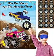 Monster Truck Pin The Tail Games Party Supplies Pin The Wheels on The Monster Truck Poster Birthday Collection Favor Baby Shower Background Game Accessories for Kids (Includes 2 Blindfolds)