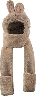 [JIAHG] Plush Winter Warm Cartoon Bunny Ears Hat Scarf Gloves 3-in-1 Faux Fur Women Girls Hoodie Hat with Scarf Pocket Mitts
