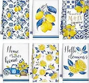 Sratte 6 Pcs Summer Kitchen Towels 24 x 16 Inch Tiles Lemon Tea Dishtowels Farmhouse Absorbent Blue Yellow Italian Lemon Hand Bathroom Towel for Holiday Kitchen Bathroom Decor Gifts