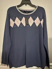 Tommy Hilfiger Women’s Pima Cotton Soft Blue Pink Argyle Sweater XL NWT
