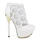 White Honeycomb Mesh Platform Bootie Heels, US 7