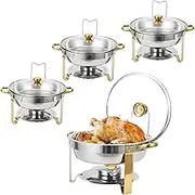 Takywep Chafing Dishes for Buffet Set of 4, 5QT Buffet Servers and Warmers, Round Catering Food Warmers Stainless Steel Chafing Dish Buffet Set with Glass Lid & Lid Holder for Parties Events, Gold