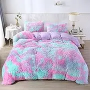 RYNGHIPY Purple Tie Dye Rainbow Duvet Cover Set, Fluffy Fuzzy Long Hair Faux Fur Crystal Velvet Bedding Set for Teens Girls (Purple,Queen)