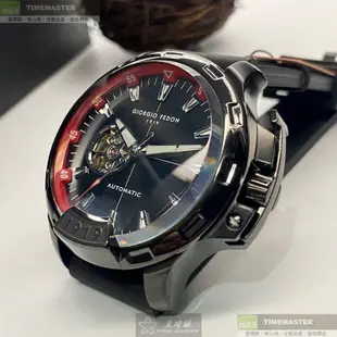 Giorgio Fedon 1919喬治飛登精品錶,編號：GF00123,46mm圓形黑精鋼錶殼黑色雙面機械鏤空錶盤矽膠深黑色錶帶