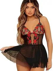 [JINZIJINYU] Babydoll Lingerie for Women Sexy Women Mesh Jumpsuit Embroidered Suspender Skirt Sexy Suit Home Clothes