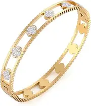 Lucky Leaf Clover Bracelet, Simple Titanium Steel Lucky Leaf Studded Diamond Hollow Buckle Bracelet for Women, Stainless Steel Light Luxury Zircon Bracelet (Gold), Sterling Silver
