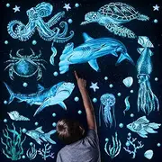 Sabary 4 Pieces Glow in The Dark Ocean Wall Decals Under The Sea Wall Decals Fish Wall Decals PVC Sea Animals Wall Stickers for Room Living Room Nursery Bathroom Decoration