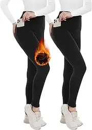 [Opuntia] 2 Pack Fleece Lined High Waisted Leggings for Women - Warm Winter Pants Tummy Control Yoga Hiking Running Tights