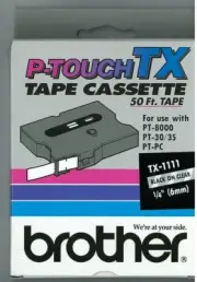 Brother P-Touch TX Tape TX1111 Black on Clear - 1/4" (6mm) 50' New -Genuine