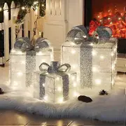 2024 3 LED Christmas decorations inside, gift light boxes with silver bow outside, Christmas box illuminated decoration with timer and 8 light modes f