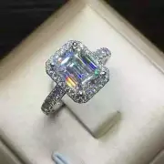 3Ct Emerald Cut Lab Created Halo Diamond Wedding Ring 14K White Gold Plated