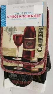 5pc SET: 2 POT HOLDERS &TOWELS. 1 OVEN MITT, WINE BOTTLE, GLASS, CORK OPENER, VP