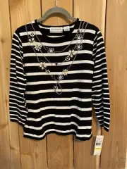 Alfred Dunner Black & White Striped Beaded 3/4 Sleeve Size PM NWT