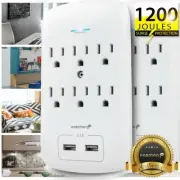 2x 6 Outlet Extender Surge Protector 2 USB Wall Charger Adapter Tap [ETL listed]