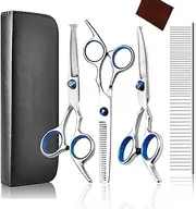 Professional Pet Scissors, Stainless Steel Pet Scissors with Trimming Scissors, Curved Scissors, Straight Scissors, Comb for Dogs and Cats, Blue