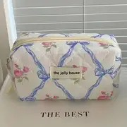 Floral Bow Fabric Pencil Case Octagonal Bag - Blue - One Size