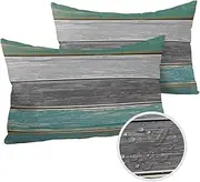 Outdoor Throw Pillow Covers 12X20 Set of 2 Waterproof Teal Green Gray Sea Decorative Zippered Cushion Covers for Patio Furniture, Farmhouse Retro Rustic Barn Wood Texture Lumbar Pillowcases