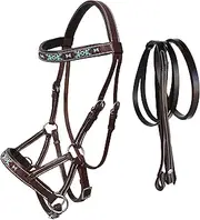 CHALLENGER Horse Western Leather Training Tack Bitless Sidepull Beaded Bridle Reins 77RS12BR
