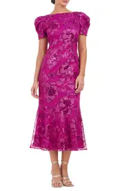 JS Collections Ayla Sequin Floral Midi Cocktail Dress in Fuchsia at Nordstrom, Size 10