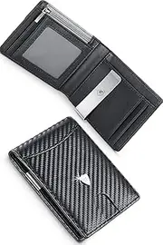 [WONSEFOO] Wallet Mens, Leather Wallet, RFID Blocking Wallets for Men UK with Money Clip, Coin Pocket, Card Holders & ID Window. Slim Bi-fold Carbon Fibre Wallet with Gift Box - Black, Black, Classic