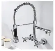 Chrome/black Kitchen Faucet Dual Handles Hot Cold Water Kitchen Mixer Tap Wall Mounted Dual Swivel Spout Spring Pull Down Faucets Electroplating