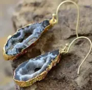 Black Druzy Agate Geode Slice Crystal Gold Filled Healing Dangle Earrings Gifts