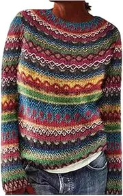 [Generic] Long Sleeve Shirts for Women Fashion Ladies Sweater Crewneck Color Block Loose Fit Knitted Pullover Sweater for Women, Red, XX-Large