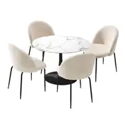 Oikiture 90cm Round Dining Table with 4PCS Dining Chairs Sherpa White