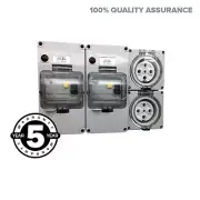 2 x 32 Amp 5 Pin Outlet Socket Three 3 Phase IP66 RCD Protected Power Point