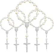 30 Pieces Baptism Rosary Acrylic Rosary Beads Finger Baptism Rosaries Faux Pearls for Baptism Favors Christening Favors Communion Favors Weddings Party Favors, Small, Acrylic Metal