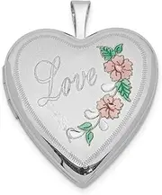 [JewelryWeb] 925 Sterling Silver Patterned Holds 2 photos Polished and satin 20mm Sparkle Cut and Enameled Love Heart Locket