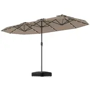 Costway 4m Double-Sided Patio Umbrella Large Outdoor Umbrella w/Base Solar Panel & 48 LED Lights Parasol Brown