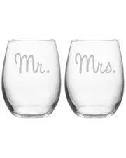 Susquehanna Glass Set of 2 Mr. & Mrs. Stemless Wine Glasses