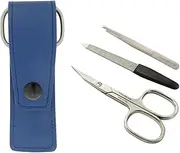 3-Piece Manicure Set with Nail Scissors, File and Tweezers in Blue Genuine Leather Pouch - Tenartis 308 Made in Italy