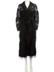 Black Feather Trimmed Jacquard Long Coat