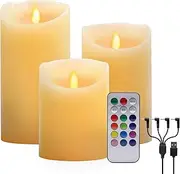 3 Warm White LED Candle Lights Flameless Real Wax,ALED LIGHT Swinging RGB Pillar Candle,Rechargeable Candle Nightlight with Remote Timer,USB Charging Candle Lamps for Wedding,Church,Indoor Home Decor