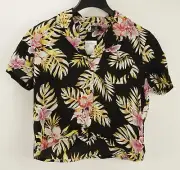 New Volcom Gen Wow Women's S Black Floral Short Sleeve Boxy Crop Button Up Shirt