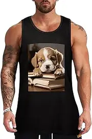 [NQHJT] Men Tank Tops Puppy Dog with Book Sleeveless T Shirts for Men's Fitness Quick Dry Gym Tank Top for Men