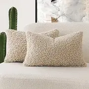 Foindtower Set of 2 Curly Teddy Wool Pillow Covers Decorative Boucle Textured Lumbar Throw Pillow Faux Fur Pillowcases Sheepskin Cushion Case for Sofa Bedroom Car 12"x20" Light Khaki