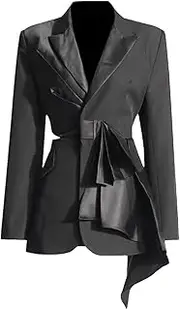 [Zadaos] Women's Blazer Jackets V-Neck Show Waist Bow Patchwork Notched Solid Color Elegant Suit Jacket