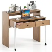 Costway Tangkula Extendable Computer Desk w/2 Storage Drawers Monitor Shelf Convertible Home Office Writing Table