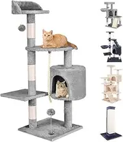 BEASTIE Cat Tree 112cm Multi-Level Cat Tower with Scratching Posts, Cat Condo Play House with Hanging Toy, Sisal-Covered Cat Scratcher Tower Wood Furniture for Kittens Climbing and Playing, Light Grey