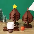 Wood Hot Pads for Pot Pans Christmas Tree Trivets Set Dishes Bamboo Coasters