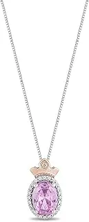 [Jewelili] Enchanted Disney Fine Jewelry 14K Rose Gold Over Sterling Silver 8x6 MM Oval Shape Created Pink Sapphire and 1/10 Cttw Natural White Round Diamond Aurora Pendant Necklace, 18" Cable Chain,