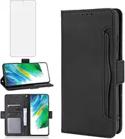 Asuwish Compatible with Samsung Galaxy S21 FE Gaxaly S 21 FE 5G Wallet Case and Tempered Glass Screen Protector Card Holder Stand Phone Cover for Glaxay S21FE5G UW S21FE 21S G5 Women Men Black