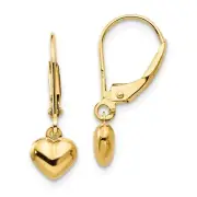 14K Yellow Gold Puffed Heart Drop Earrings Leverback Madi K Children's Jewelry